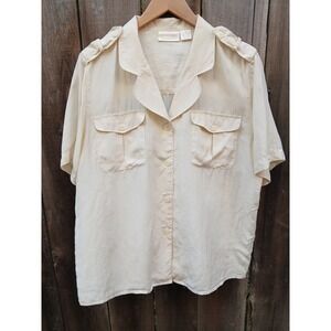Christie & Jill Classic Cream Button Up Blouse 100% Silk Pockets Short Sleeve 12